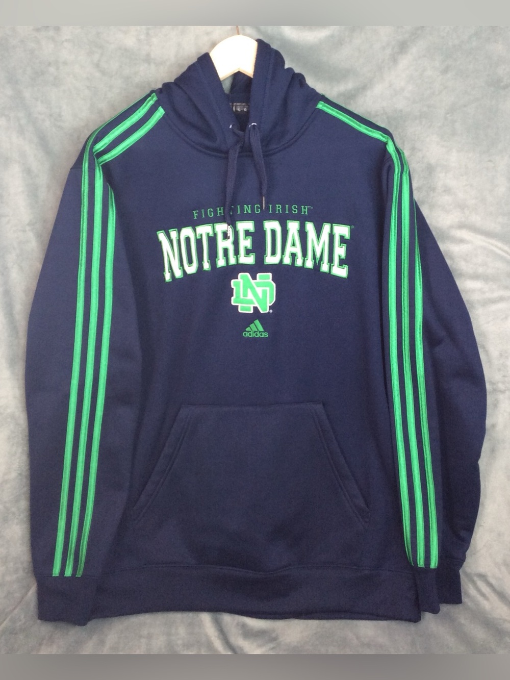 adidas Notre Dame Navy Crewneck Hoodie with Green Stripes